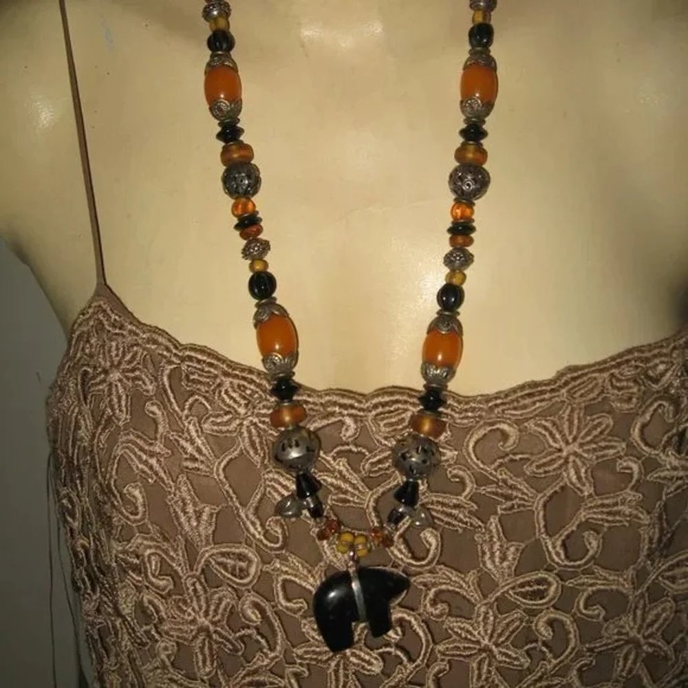 ❤️ROBERT SHIELDS STERLING HEART AMBER ONYX SPIRIT ANIMAL NECKLACE